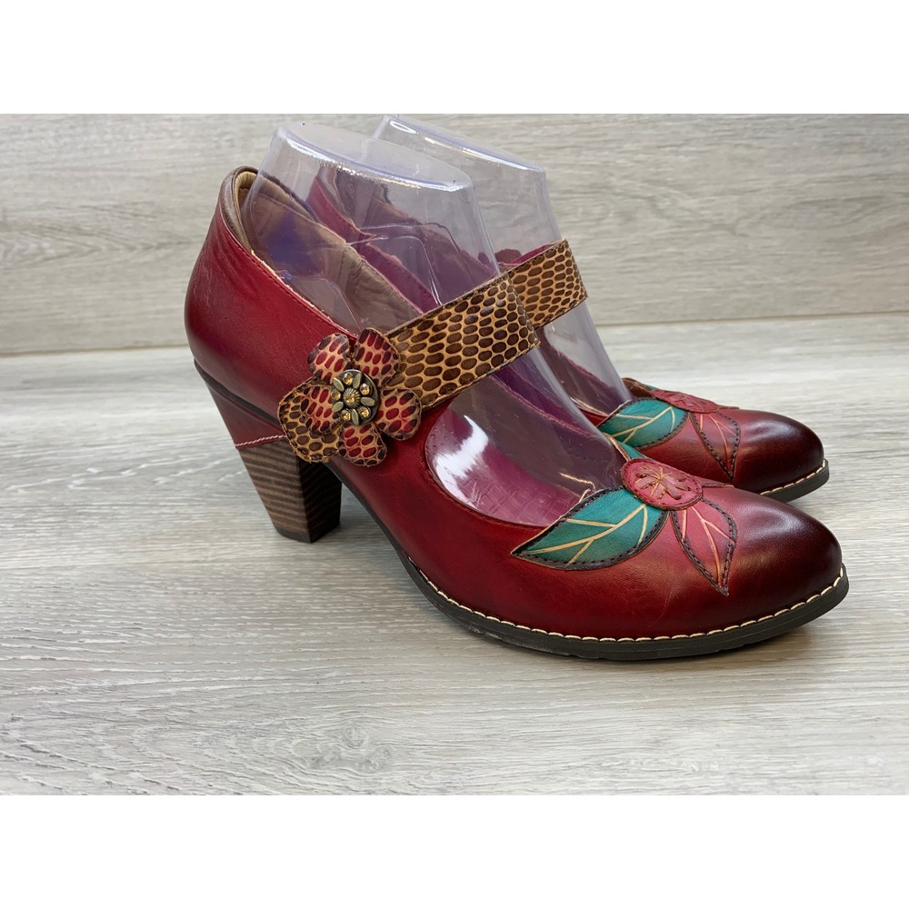Elite by Corkys Wild Flower Red Leather Floral Mary Jane Block Heels Women's 9